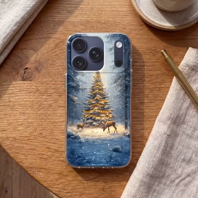 Kerstlicht - Woud - Hert - Donker Telefoonhoesje iPhone 17 Pro klein -sfeer1