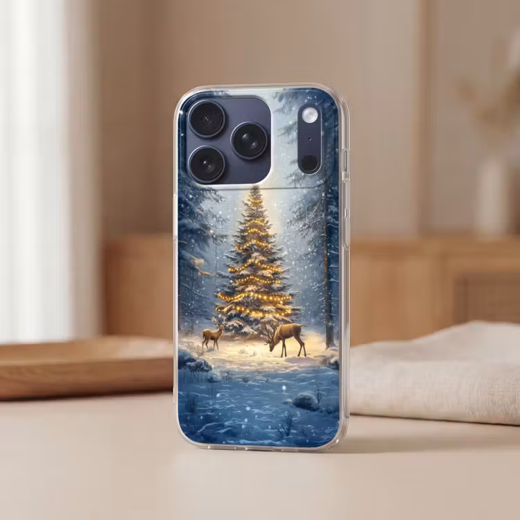 Kerstlicht - Woud - Hert - Donker Telefoonhoesje iPhone 17 Pro klein -sfeer2