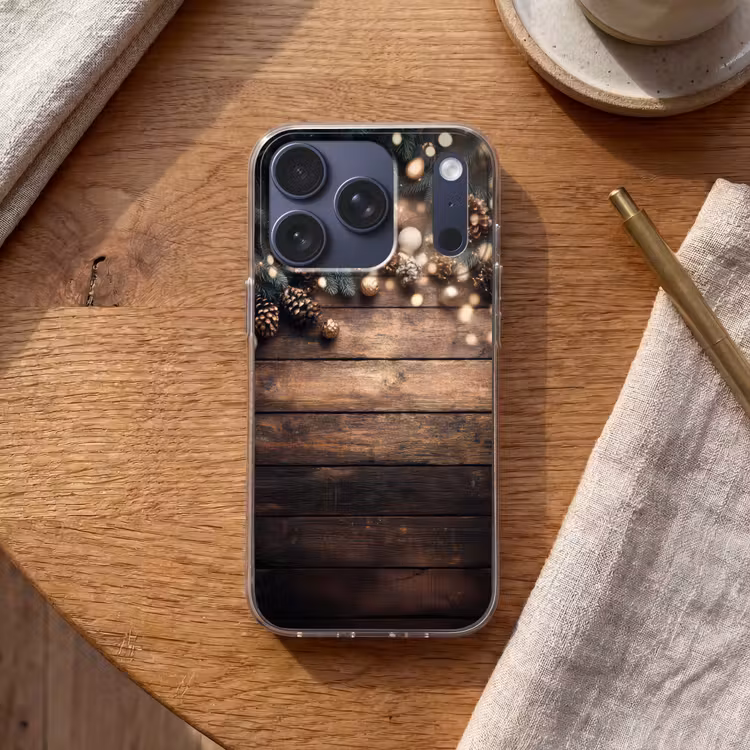 Kerstdecoratie - Houten - Dennenappel - Bruin Telefoonhoesje iPhone 17 Pro klein -sfeer1