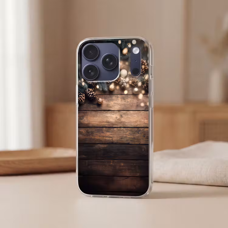 Kerstdecoratie - Houten - Dennenappel - Bruin Telefoonhoesje iPhone 17 Pro klein -sfeer2