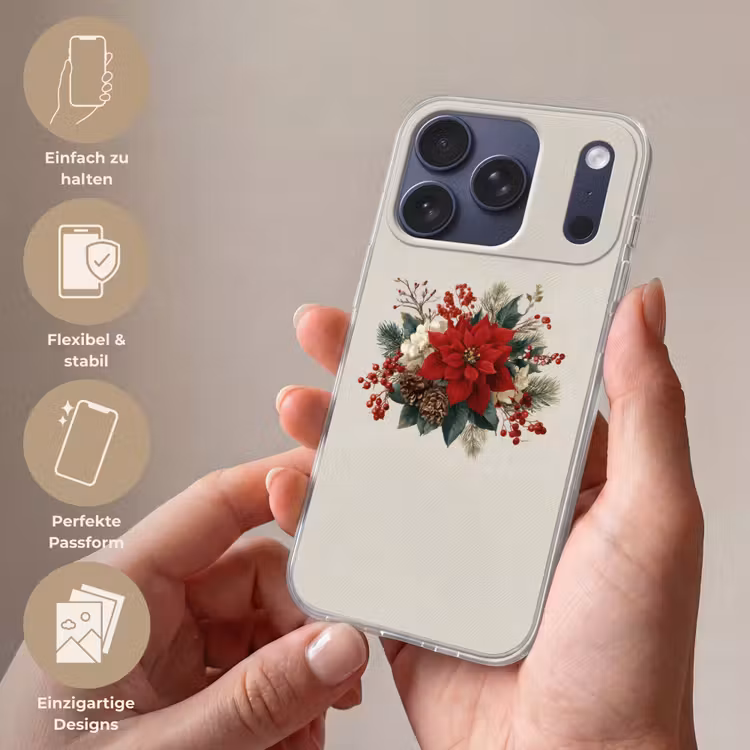 Kerststuk - Poinsettia - Dennenappels - Rood Telefoonhoesje iPhone 17 Pro klein -sfeer3_DE