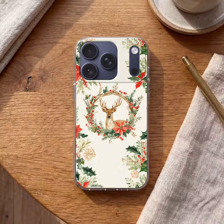 Kerstkrans - Hert - Hulst - Rood Telefoonhoesje iPhone 17 Pro klein -sfeer1
