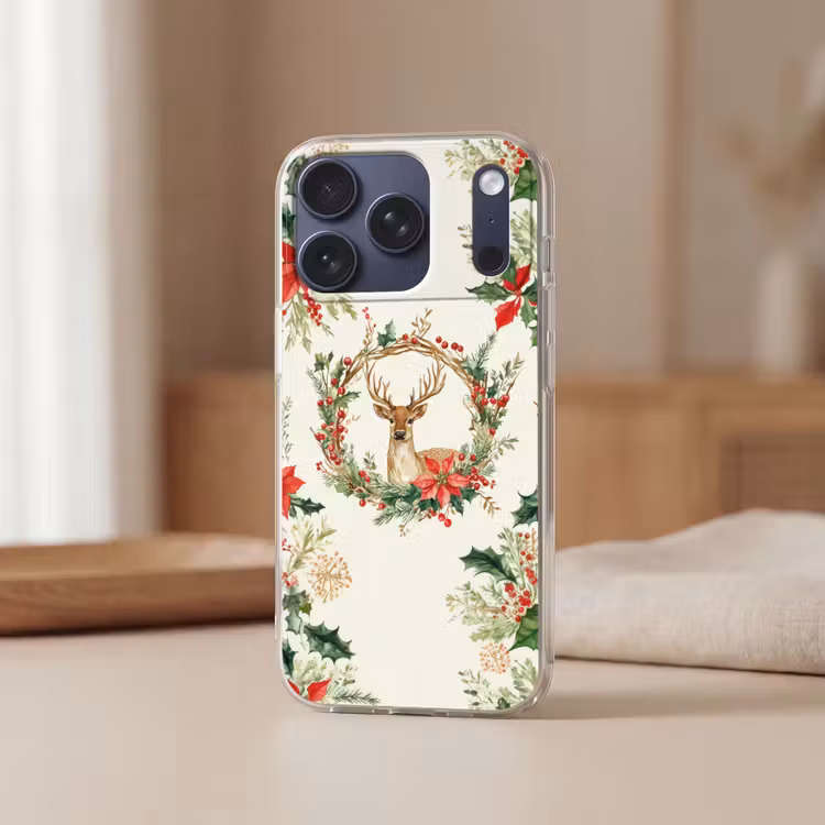 Kerstkrans - Hert - Hulst - Rood Telefoonhoesje iPhone 17 Pro klein -sfeer2