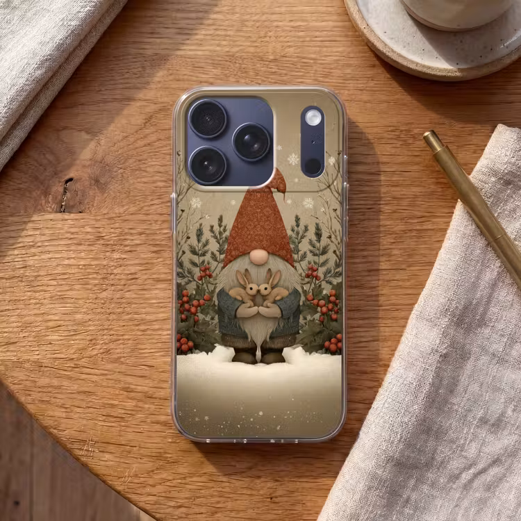 Kerstgnome - Konijntjes - Kleurrijk Telefoonhoesje iPhone 17 Pro klein -sfeer1