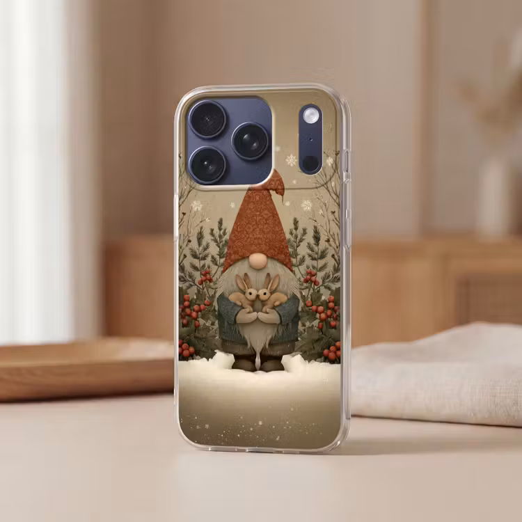 Kerstgnome - Konijntjes - Kleurrijk Telefoonhoesje iPhone 17 Pro klein -sfeer2