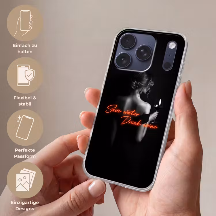 Wijn - Vrouw - Neon - Quote Telefoonhoesje iPhone 17 Pro klein -sfeer3_DE
