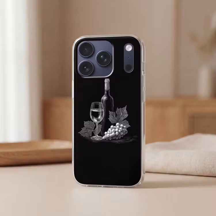Wijnfles - Glas - Druiven - Bladeren Telefoonhoesje iPhone 17 Pro klein -sfeer2