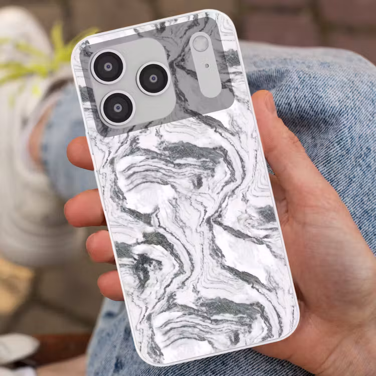 Wit - Marmer - Golvend - Grafiet Telefoonhoesje iPhone 17 Pro klein 878 -sfeer2