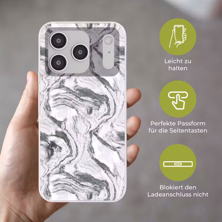 Wit - Marmer - Golvend - Grafiet Telefoonhoesje iPhone 17 Pro klein 878 -sfeer3_DE
