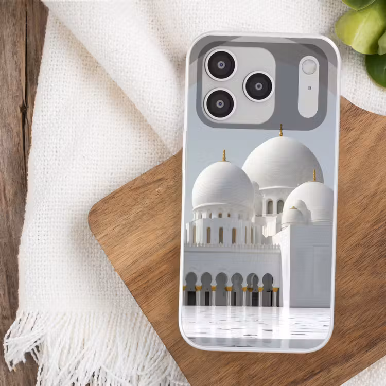 Witte koepels - Helderblauwe lucht - Islamitisch Telefoonhoesje iPhone 17 Pro klein -sfeer1
