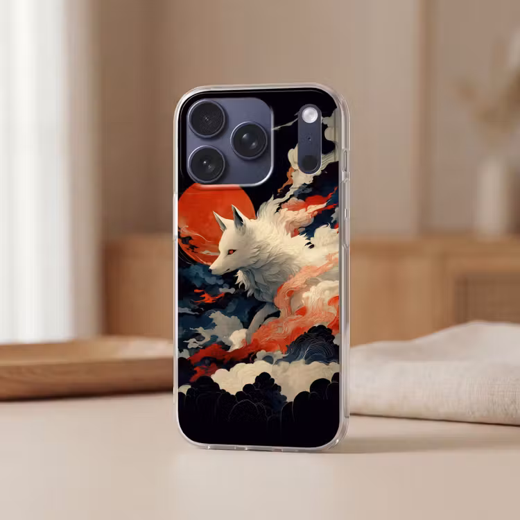Witte vos - wolken - maan Telefoonhoesje iPhone 17 Pro klein -sfeer2