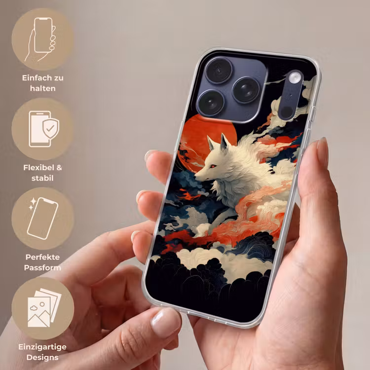 Witte vos - wolken - maan Telefoonhoesje iPhone 17 Pro klein -sfeer3_DE