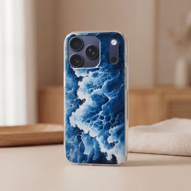 Golven - Blauw - Schuim Telefoonhoesje iPhone 17 Pro klein -sfeer2