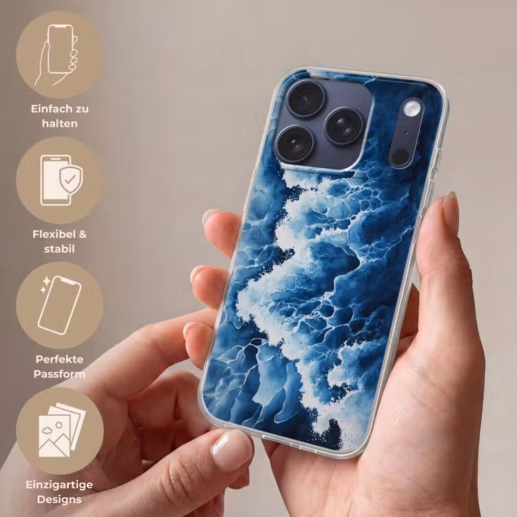 Golven - Blauw - Schuim Telefoonhoesje iPhone 17 Pro klein -sfeer3_DE