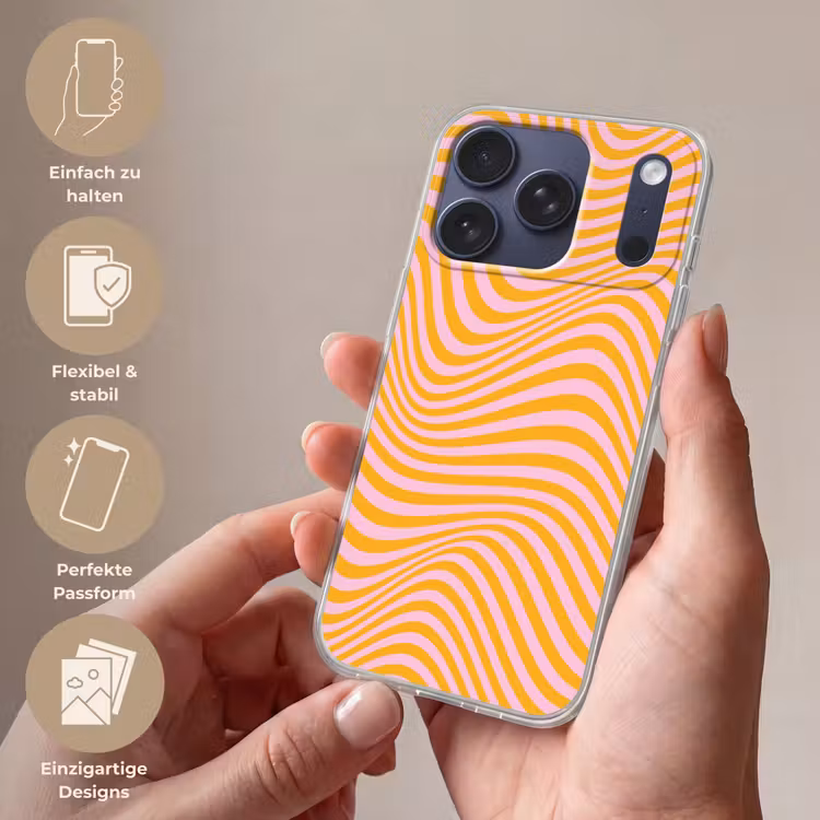 Golvend patroon - Oranje - Roze - Lijnen Telefoonhoesje iPhone 17 Pro klein -sfeer3_DE
