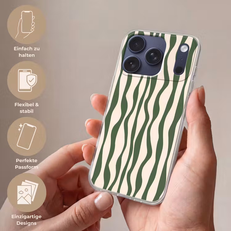 Golvende lijnen - Beige - Groen - Strepen - Abstract Telefoonhoesje iPhone 17 Pro klein -sfeer3_DE