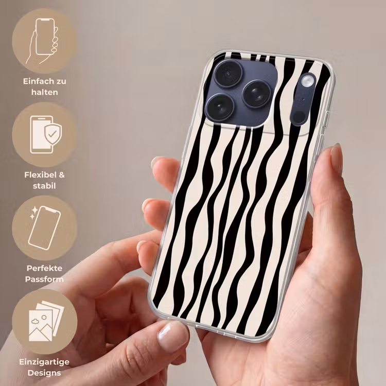Golvende lijnen - Beige - Zwart - Abstract Telefoonhoesje iPhone 17 Pro klein -sfeer3_DE