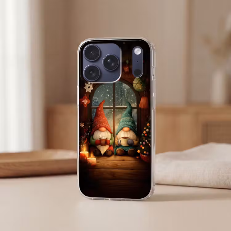 Gnooms - Kerst - Raam - Kleurrijk Telefoonhoesje iPhone 17 Pro klein -sfeer2