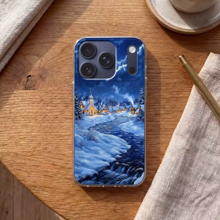 Winteravond - Kerstdorp - Donker Telefoonhoesje iPhone 17 Pro klein -sfeer1