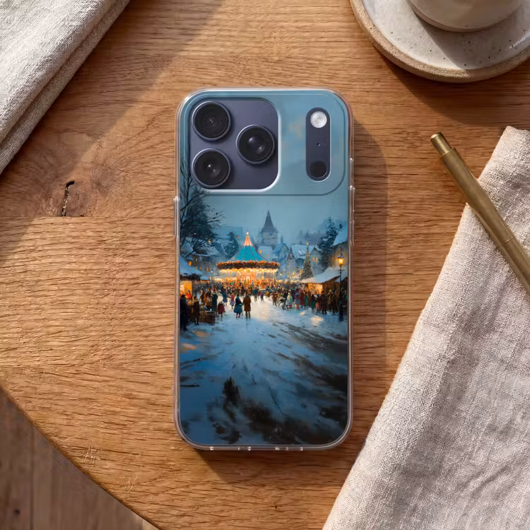 Winterkermis - Dorp - Kleurrijk Telefoonhoesje iPhone 17 Pro klein -sfeer1
