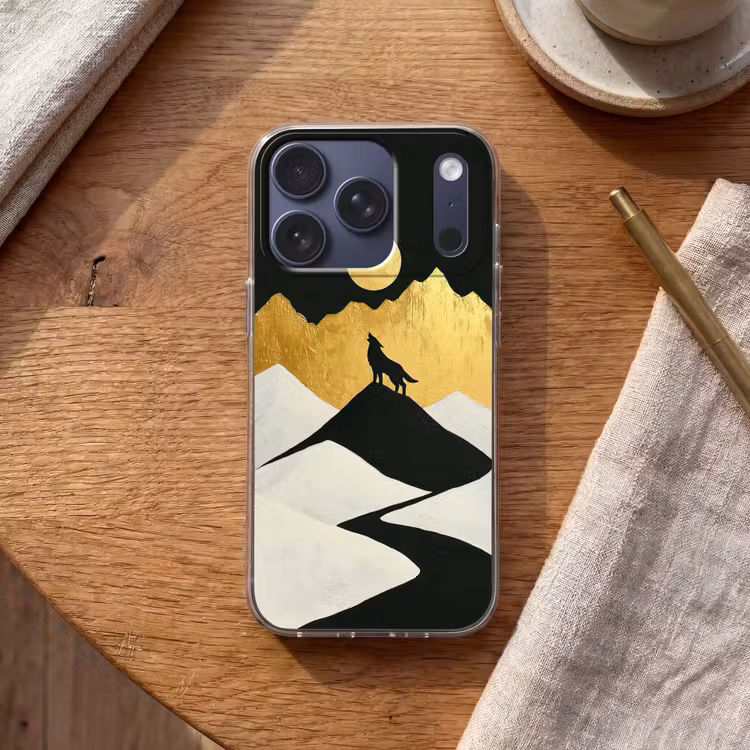 Wolf - Bergen - Maan - Zwart Telefoonhoesje iPhone 17 Pro klein -sfeer1
