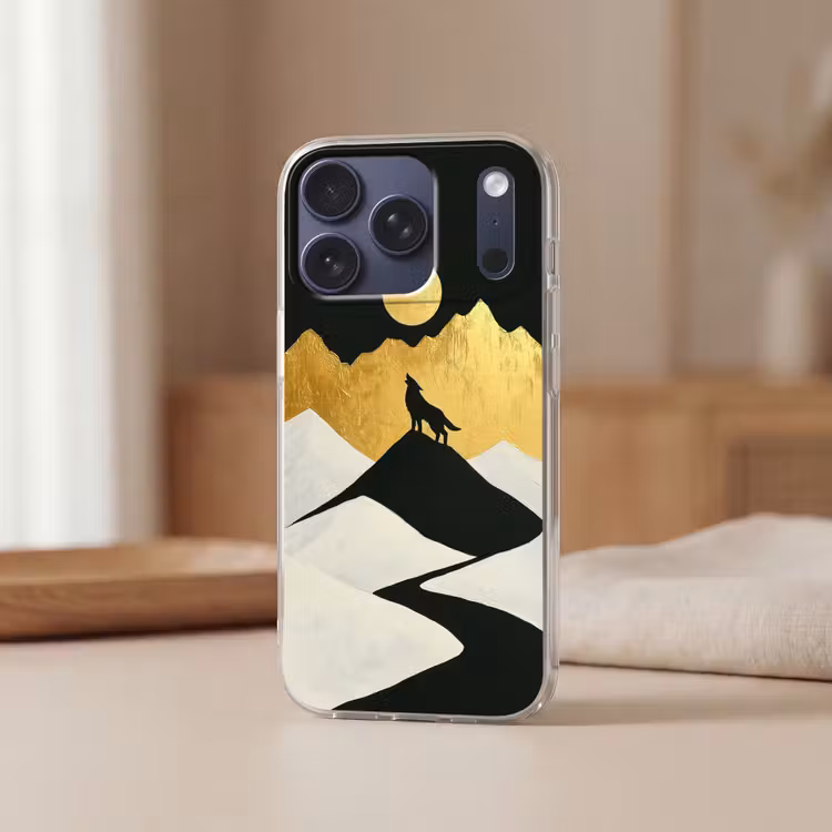 Wolf - Bergen - Maan - Zwart Telefoonhoesje iPhone 17 Pro klein -sfeer2