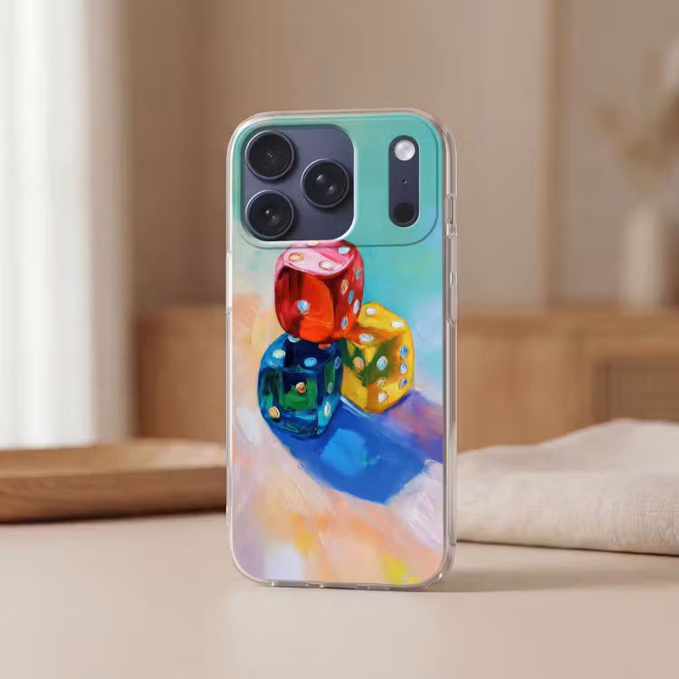 Dobbelstenen - Kleurrijk - Getallen - Stipjes Telefoonhoesje iPhone 17 Pro klein -sfeer2
