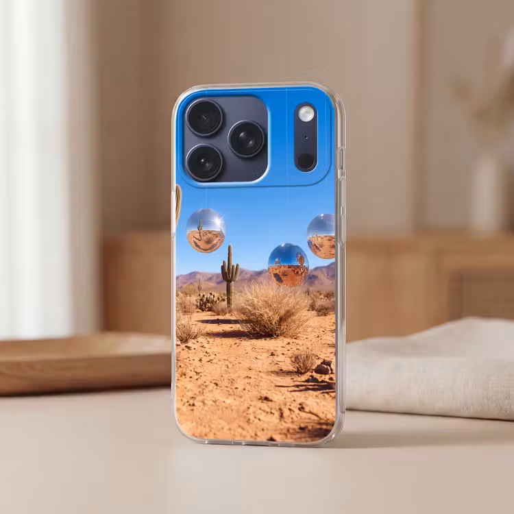 Handyhülle - Wüste – Spiegelkugel – Kunst - Woestijn - Spiegelbal - Kunst Telefoonhoesje iPhone 17 Pro klein