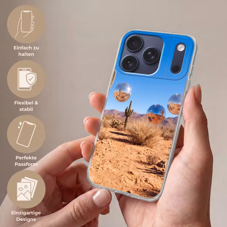 Handyhülle - Wüste – Spiegelkugel – Kunst - Woestijn - Spiegelbal - Kunst Telefoonhoesje iPhone 17 Pro klein
