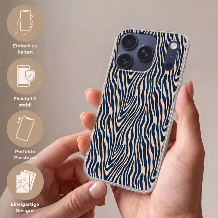 Zebra - Patroon - Blauw - Beige Telefoonhoesje iPhone 17 Pro klein 878 -sfeer3_DE