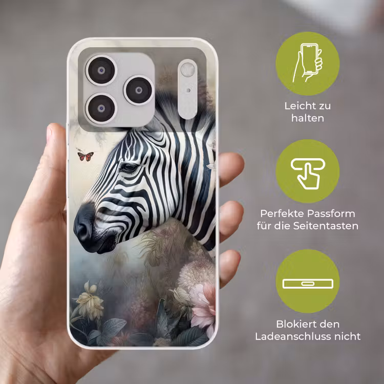 Zebra - Wilde dieren - Vlinder - Bloemen Telefoonhoesje iPhone 17 Pro klein -sfeer3_DE
