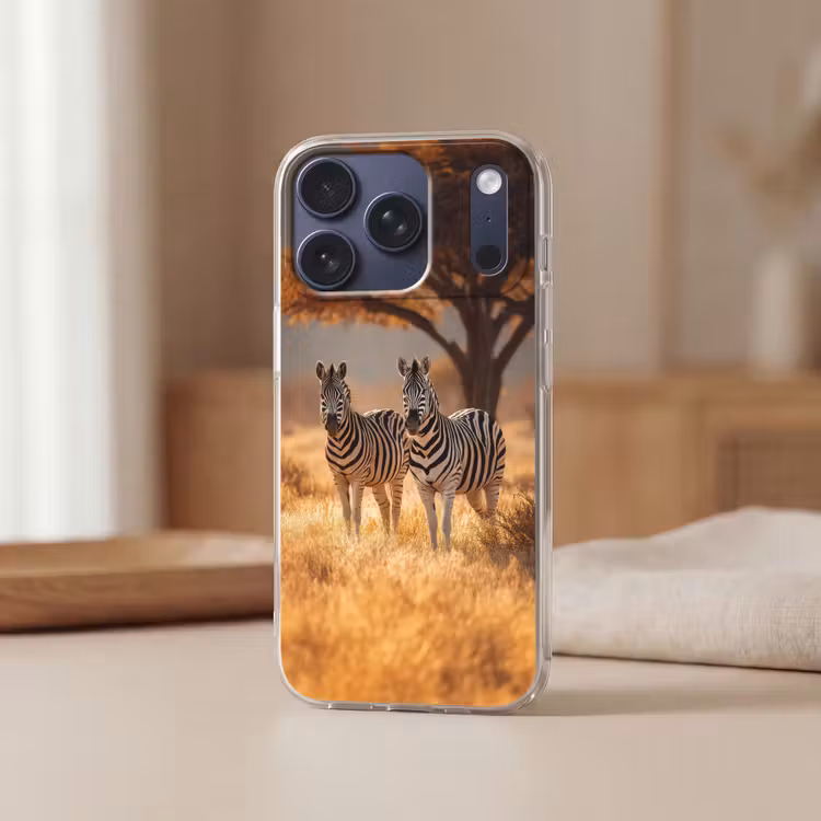 Zebra's - Savannelandschap - Gras Telefoonhoesje iPhone 17 Pro klein -sfeer2