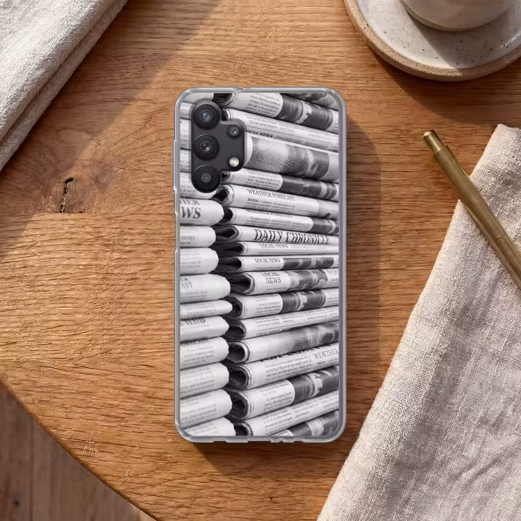Krant - Stapel - Nieuws - Zwart-wit - Media Telefoonhoesje Samsung Galaxy A32 5G klein -sfeer1