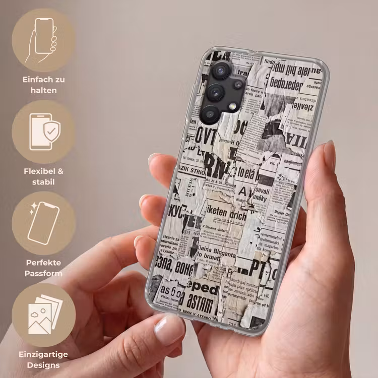 Krant - Gescheurd - Textuur - Abstract - Zwart-wit Telefoonhoesje Samsung Galaxy A32 5G klein -sfeer3_DE