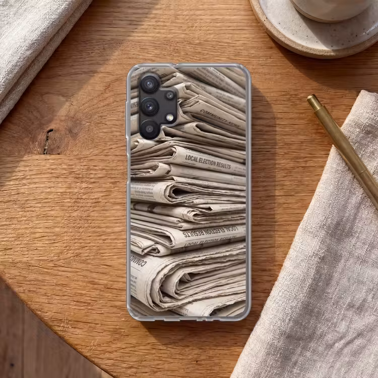 Kranten - Stapel - Nieuws - Vintage - Beige Telefoonhoesje Samsung Galaxy A32 5G klein -sfeer1