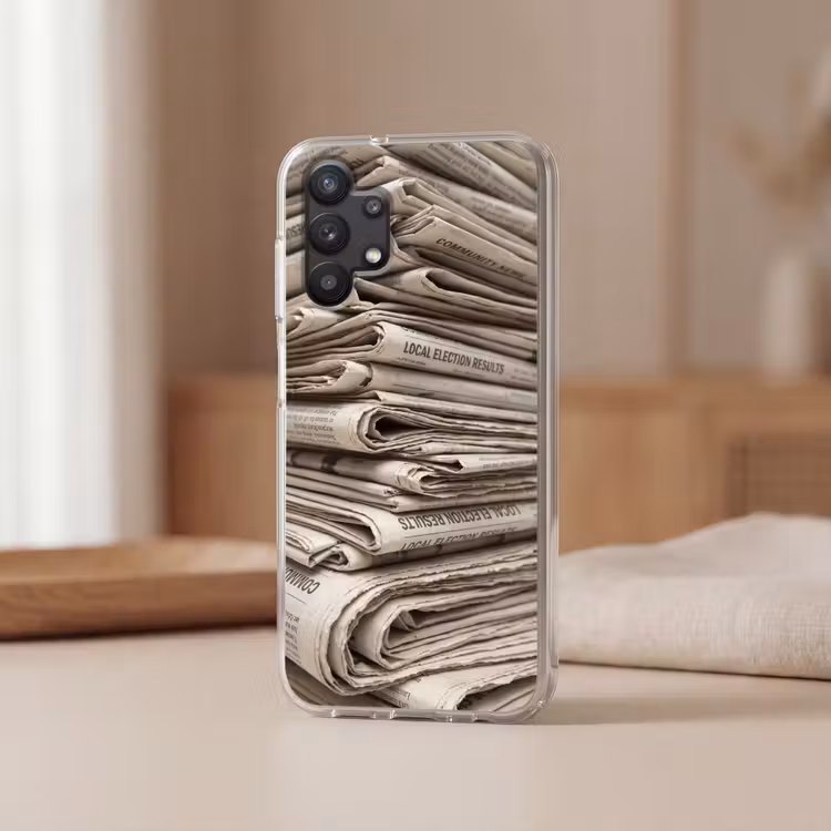 Kranten - Stapel - Nieuws - Vintage - Beige Telefoonhoesje Samsung Galaxy A32 5G klein -sfeer2