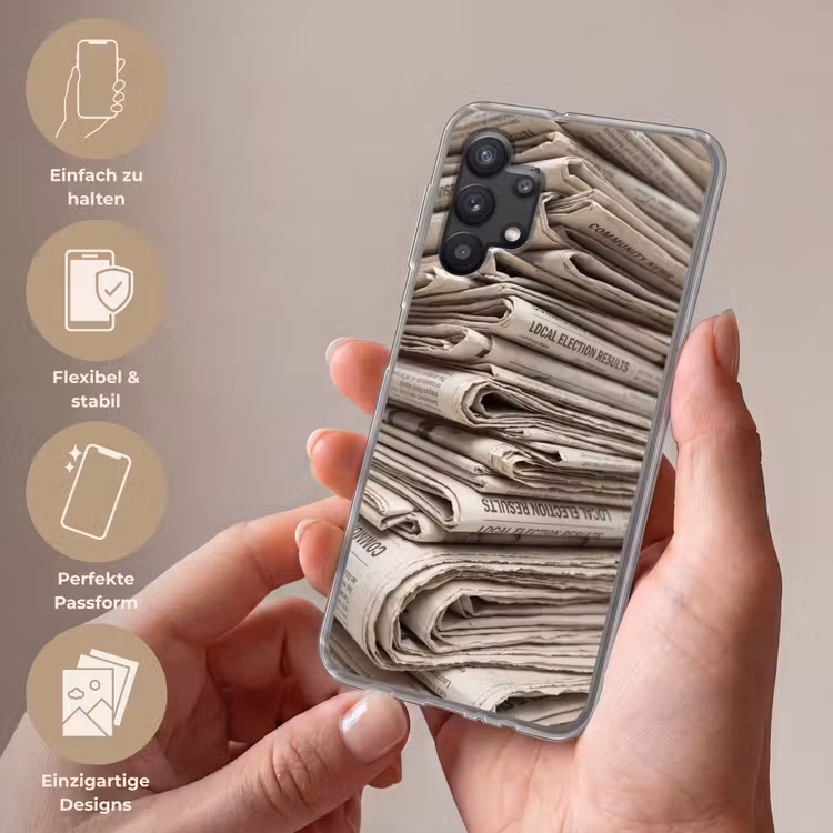Kranten - Stapel - Nieuws - Vintage - Beige Telefoonhoesje Samsung Galaxy A32 5G klein -sfeer3_DE