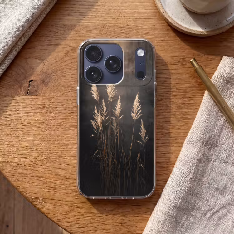 Siergras - Pluimen - Verlichting - Zwart Telefoonhoesje iPhone 17 Pro klein -sfeer1