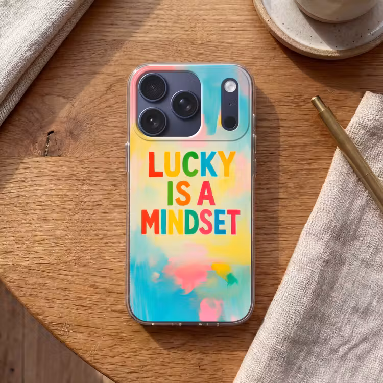 Quote - Lucky - Regenboogkleuren Telefoonhoesje iPhone 17 Pro klein -sfeer1