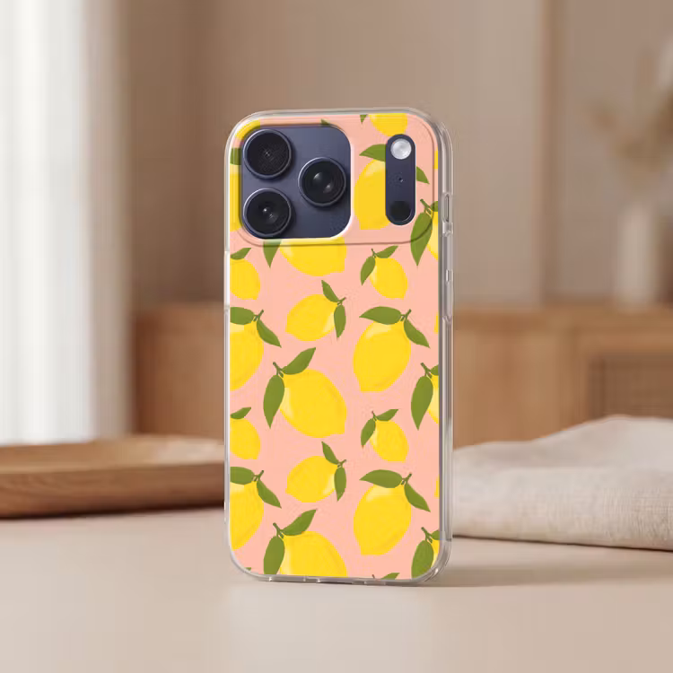 Citroenen - Geel - Roze - Patroon - Vruchten Telefoonhoesje iPhone 17 Pro klein -sfeer2