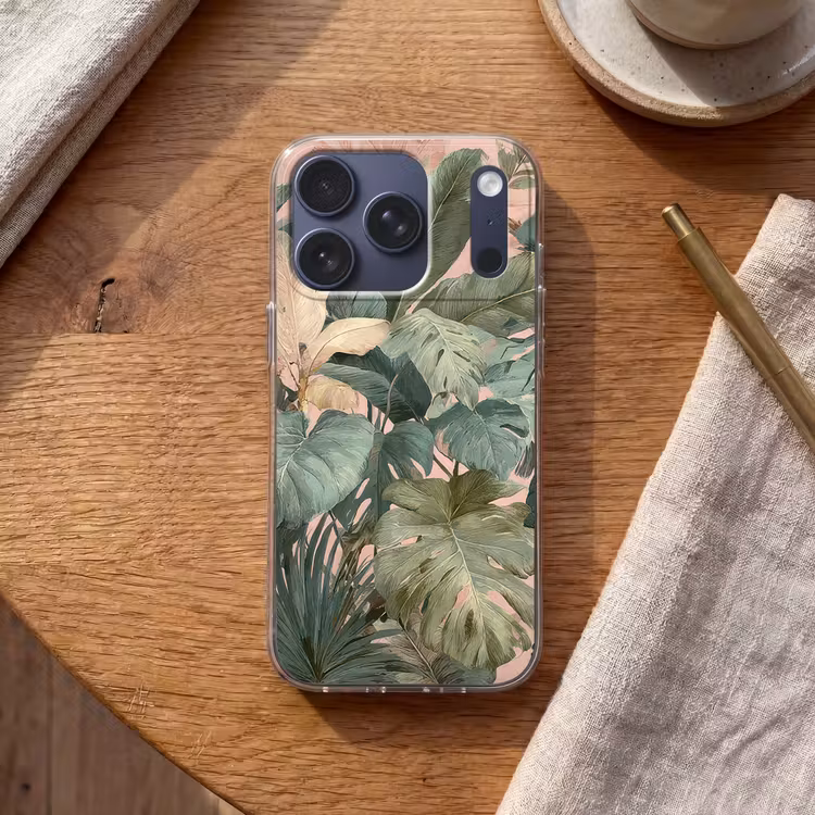 Compositie van bladeren - Groen - Roze Telefoonhoesje iPhone 17 Pro klein -sfeer1