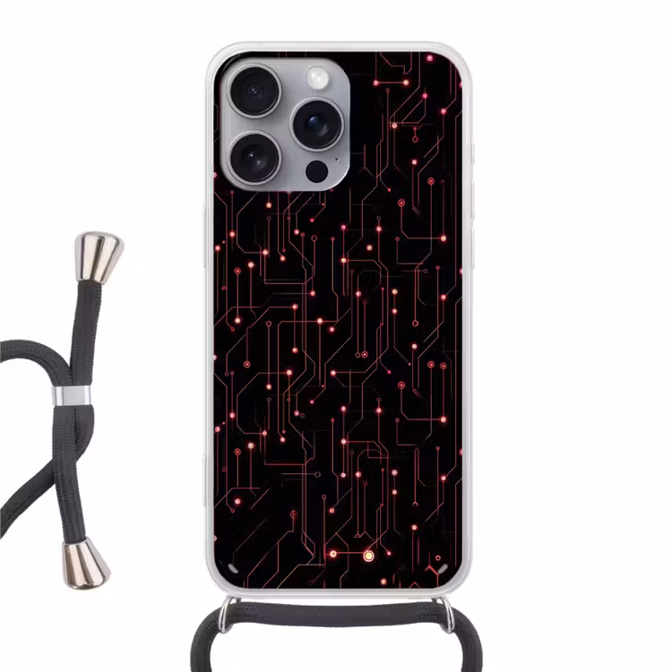 Gaming - Lijnen - Netwerk - Stippen - Rood Hoesje iPhone 16 Pro Max met koord klein -3d