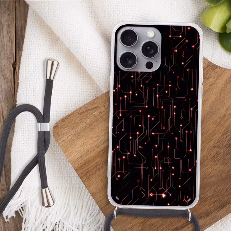 Gaming - Lijnen - Netwerk - Stippen - Rood Hoesje iPhone 16 Pro Max met koord klein -sfeer4