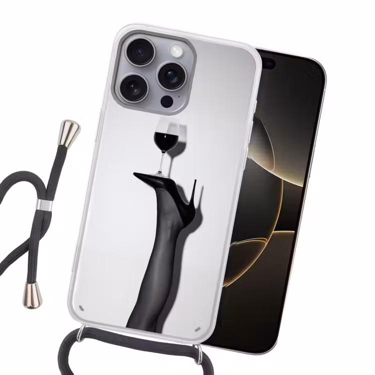 Hak - Wijn - Minimalistisch - Zwart Hoesje iPhone 16 Pro Max met koord klein -sfeer1