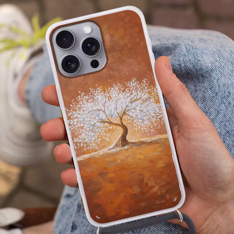 Abstract - Boom - Wit - Bladeren Hoesje iPhone 16 Pro Max met koord klein -sfeer3