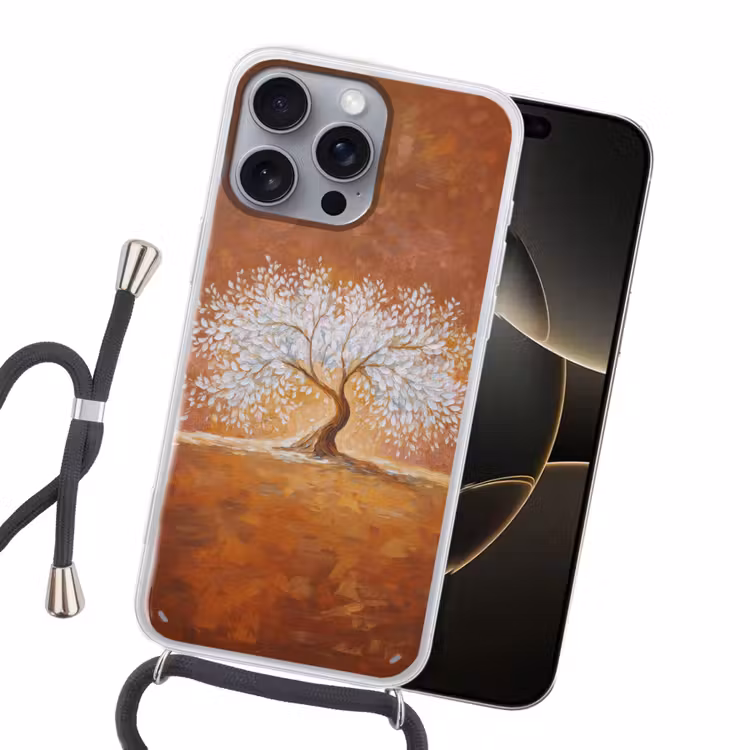 Abstract - Boom - Wit - Bladeren Hoesje iPhone 16 Pro Max met koord klein -sfeer1
