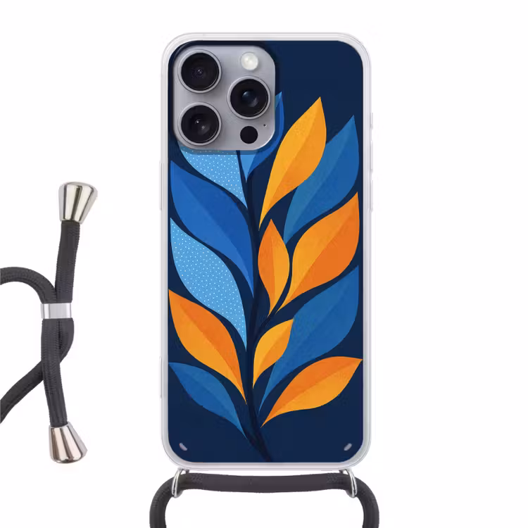 Abstract - Bladeren - Blauw Hoesje iPhone 16 Pro Max met koord klein -3d
