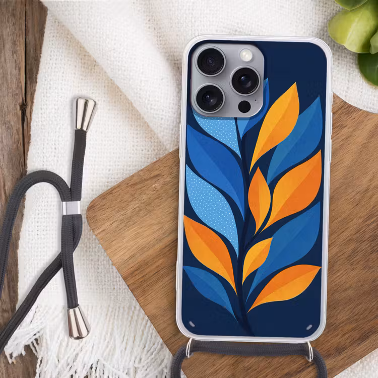 Abstract - Bladeren - Blauw Hoesje iPhone 16 Pro Max met koord klein -sfeer4