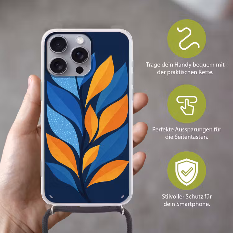 Abstract - Bladeren - Blauw Hoesje iPhone 16 Pro Max met koord klein -sfeer2_DE