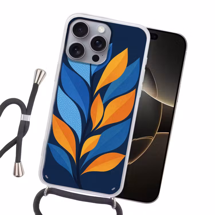 Abstract - Bladeren - Blauw Hoesje iPhone 16 Pro Max met koord klein -sfeer1
